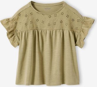 Vertbaudet Blusenshirt mit Volant&auml;rmel und Lochstickerei, M&auml;dchen khaki
