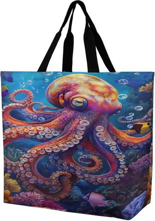 Generic Colorful Octopus Large Reusable Shopping Bag Lightweight Foldable Tote Bags Washable Shoulder Handbag