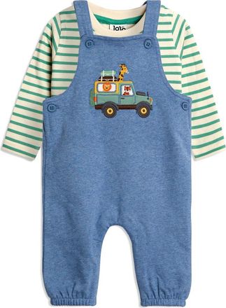 JoJo Maman B&eacute;b&eacute; Stripe Long Sleeve T-Shirt & Safari Truck Appliqu&eacute; Overalls Set in Denim at Nordstrom, Size 12-18M