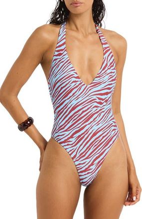 Bond-Eye Andrea Zebra Print One-Piece Swimsuit in Blue Zebra/ruby at Nordstrom, Size X-Small/small