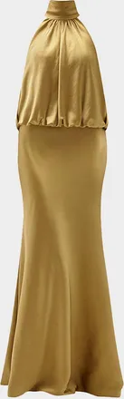 Amsale Long Satin Halter Blouson Gown