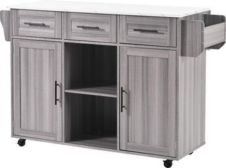 STILVORA Carro De Cocina Con 3 Cajones, 3 Compartimentos, Estantes Ajustables, Ala Plegable Y Toallero, En Mdf, 139 X 46 X 91,5 Cm, Gris