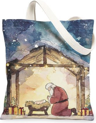 Generic Christmas Nativity Canvas Tote Bags, Holiday Art Design Reusable Grocery Bags, Vintage Lightweight Washable Shoulder Strap, Multicolor, 13x15 Inch