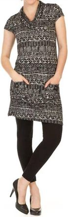 Papillon Global Print Drape Neck Cap Sleeve Dress In Black