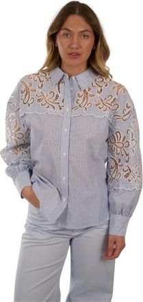 Suncoo Overhemden, Dames, Blauw, M, Katoen, Geborduurde gestreepte blouse