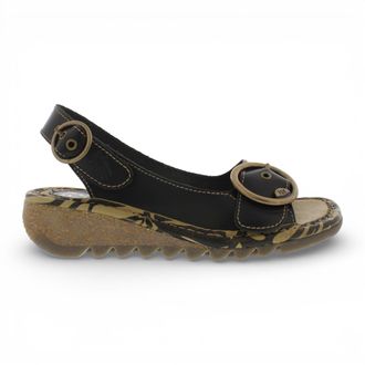 FLY London Fly London Womens TRAM723FLY Black Leather Wedge Sandals