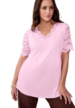 Jessica London Lace Trim V Neck Top in Pink at Nordstrom, Size Small