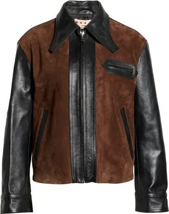 Marni Two-Tone Leather Zip Jacket in 00N99 Black at Nordstrom, Size 40