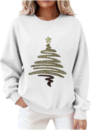 Generic Sweatshirt for Women UK 2025 Fashion Christmas Pullover Tops Fall Winter Long Sleeve Crewneck Fleece Blouse Dressy Casual Xmas Tree Santa Print Jumper