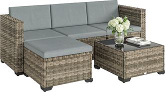 OUTSUNNY Conjunto De Jard&iacute;n De Rat&aacute;n De 5 Piezas, Muebles Jard&iacute;n Exterior Incluye Cojines, 2 Sillones De Esquina, Sill&oacute;n Sin Brazos, Reposapi&eacute;s Y Mesa