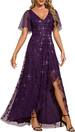 Ever-pretty Womens Maxi Evening Dresses Sequin Embroidered Double V Prom Dress with Ruffles Sleeve Bridesmaid High-Low Dress Dark Purple 20UK