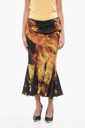 Balmain Gonna Midi in Seta con Stampa Fiamme Balmain
