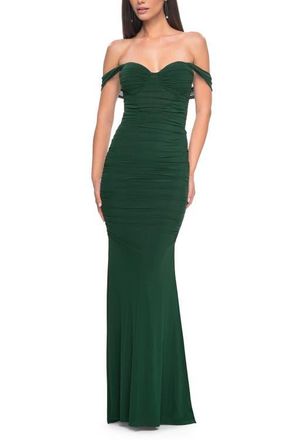 La Femme Off the Shoulder Net Jersey Dress with Ruching in Dark Emerald at Nordstrom, Size 16