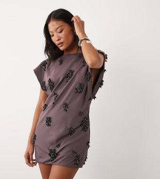 Asos Petite ASOS DESIGN Petite - Vestito T-shirt corto antracite con decorazione a grappolo e schiena scoperta-Multi