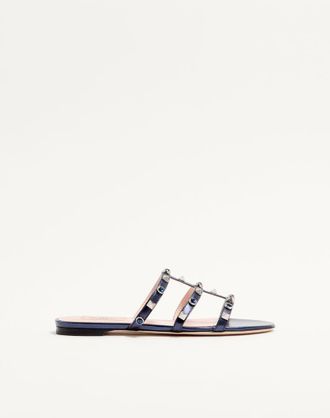 Valentino Garavani Rockstud Slide Sandal In Laminated Nappa With Cabochon Woman NAVY 35.5