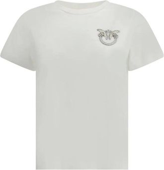 Pinko T-Shirts, female, White, S, Embroidered Logo T-Shirt with Rhinestones and Pearls