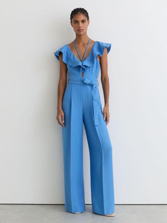 Reiss Blue Ruffle Tie-neck Wide-leg Jumpsuit, 10