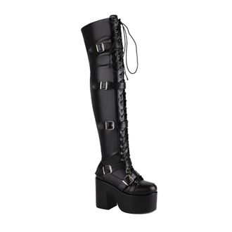 Generic Womens PU Leather Thigh High Boots Lace Up Gothic Punk Boots with Buckle Block High Heel Platform Long Boot,Black,3.5 UK