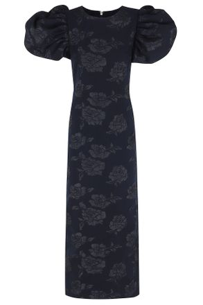 Rotate Dark Blue Jacquard Puff Sleeve Floral Polyester Midi Dress