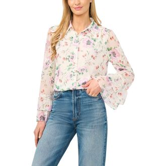 CeCe by Cynthia Steffe Floral Print Ruffle Cuff Shirt in New Ivory at Nordstrom, Size Medium