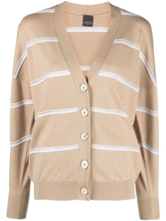 Lorena Antoniazzi White V-Neck Striped Cotton-Blend Cardigan