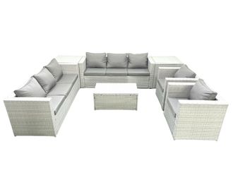 Fimous Outdoor Rattan Sofa Garden Furniture Set with 2 Armchairs Oblong Coffee Table 2 Side Tables Light Grey Mixed