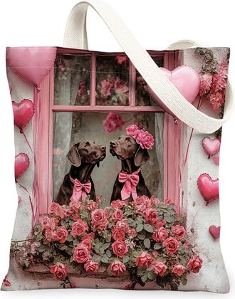 Generic Valentines Day German Shorthaired Pointer Dog Canvas Tote Bag for Shopping 13x15, Window Couple Puppy Reusable Grocery Print Pattern Bag for Women, Pe