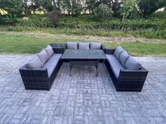 Fimous Outdoor Wicker Garden Furniture Rattan Lounge Sofa Set Patio Rectangular Dining Table Side Table 9 Seater in Dark Grey