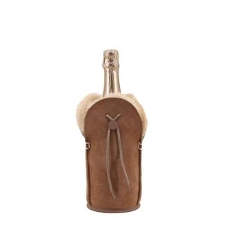 Kywie Funda para botella de champ&aacute;n de aut&eacute;ntica piel de oveja marr&oacute;n