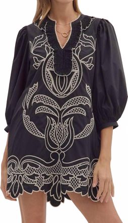 Entro Puff Sleeve Embroidered Scallop Hem Dress In Black