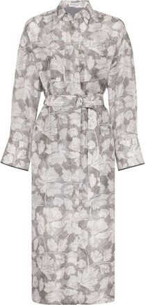 Brunello Cucinelli leaf-print belted midi dress - women - Silk - L - Grey