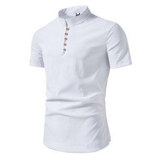 Generic Henley Shirts for Men Short Sleeve Cotton Linen T-Shirts Mandarin Collar Shirt Button Down Split Hem Blouses Tops Tee Camisa Elegante para Hombre(Whit