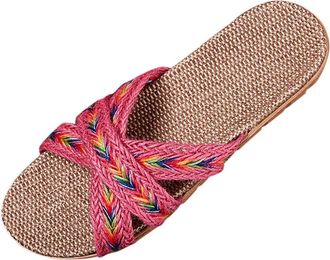 Generic Mules Womens Linen Slippers Summer Slippers Lightweight Flat Slippers Slides Non-Slip Slippers Peep Toe Summer Shoes Sandals Soft Slippers Comfortable