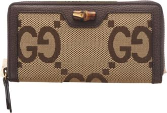 Gucci Beige Brown Canvas Leather Long Wallet (Bi-Fold) (Pre-Owned)