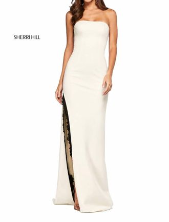 Sherri Hill Strapless Corset Gown Lace Slit Dress In Ivory/black