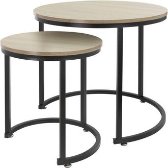 ML Design Ml-design - Juego De 2 Mesas Auxiliares Redondas De Centro &Oslash;40x44cm/&oslash;60x52cm Mdf Roble Sonoma Armaz&oacute;n De Metal Negro Mesita Para Sal&oacute;n Dise&ntilde;o Moderno 