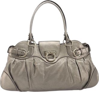 Ferragamo Vintage Gancini Top Handle Leather Gold Leather Handbag (Pre-Owned)