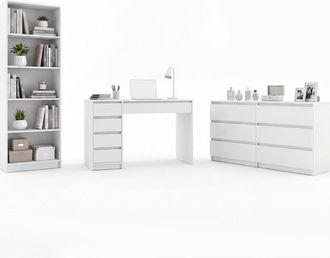 Topeshop Arto Conjunto De Muebles : Escritorio + C&oacute;moda Malwa M6 + Estante R60, Blanco, Para Dormitorio, Despacho
