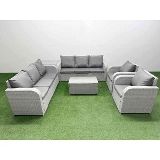 Fimous Pe Rattan High Back Lounge Sofa Set Patio Coffee Table & Chairs Set with 3 Seater Sofa Reclining Chair Side Table Light Grey - Fimous