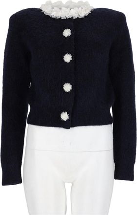Self Portrait Blue Cropped Fuzzy Lace-Trim Alpaca-Blend Sweater