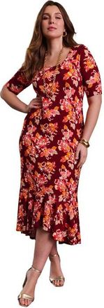Jessica London Stretch Knit Flounce Hem Maxi Dress in Burgundy Bold Floral at Nordstrom, Size 22