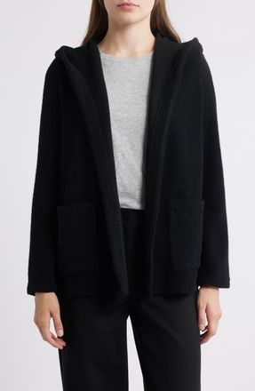 Eileen Fisher Open Front Recycled Wool Blend Bouclé Hooded Jacket in Black at Nordstrom, Size Large