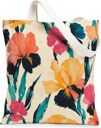 Generic Spring Irises Flower Canvas Tote Bag for Shopping 13x15, Vintage Retro Florals Reusable Grocery Print Pattern Bag for Women, Fun Aesthetic Beach Aesth