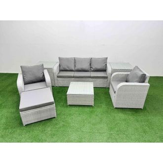 Fimous Pe Rattan Garden Furniture Set Reclining Chair Sofa Lounge Sofa Set Square Coffee Table 2 Side Table Big Footstool Light Grey - Fimous