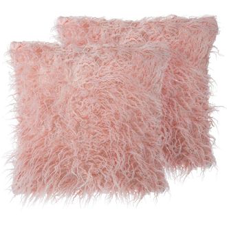 Beliani Beliani - Set of 2 Faux Fur Throw Cushions Furry Soft 45 x 45 cm Pastel Pink Daisy