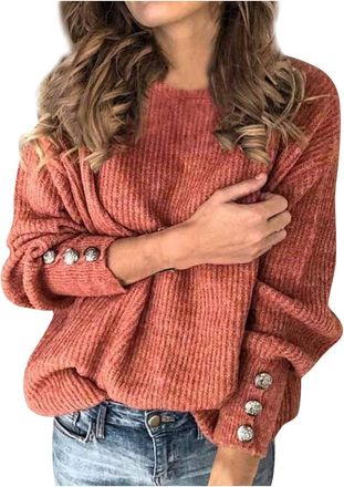 Generic Jumpers for Women UK Long Sleeve Tops Women Jumpers Lightweight Sweater Tops Plus Size Solid Color Casual Sweater Buttons Knitted Fall Fashion Womens 