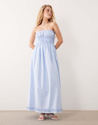 SNDYS Vestito lungo a fascia in misto lino celeste con dettaglio arricciato-Blu