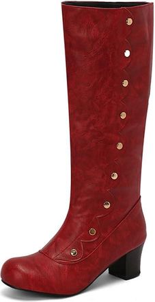 Generic Womens Vintage Victorian Knee High Riding Boots with Studded Decor Comfort Low Heel Round Toe Casual Winter Shoes (7.5,Red)