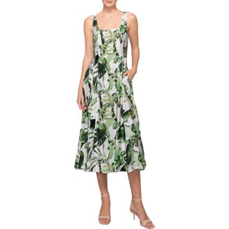 Melloday Fit & Flare Midi Sundress in Ivory Green Tropical at Nordstrom, Size X-Large