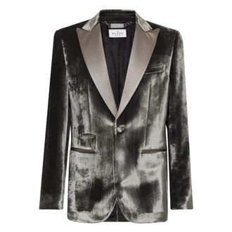 Philipp Plein Single-breasted fluwelen blazer - Heren - Jassen - Grijs - Maat: 5XL Zijde